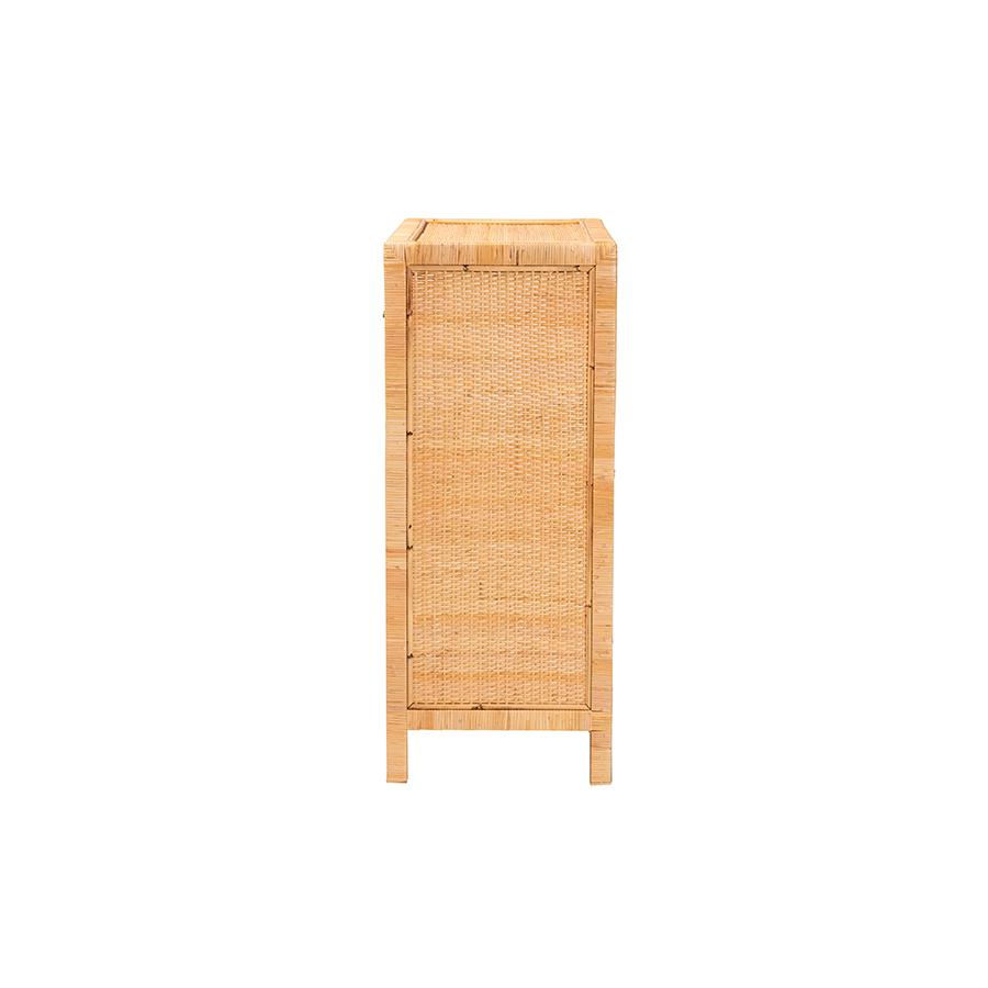 Bohemian Natural Brown Rattan and Mahogany Wood Storage Cabinet. Picture 4