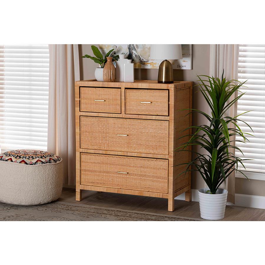 Bohemian Natural Brown Rattan and Mahogany Wood Storage Cabinet. Picture 8