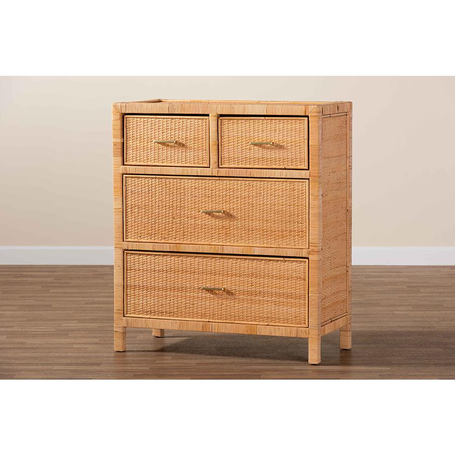 Bohemian Natural Brown Rattan and Mahogany Wood Storage Cabinet. Picture 9