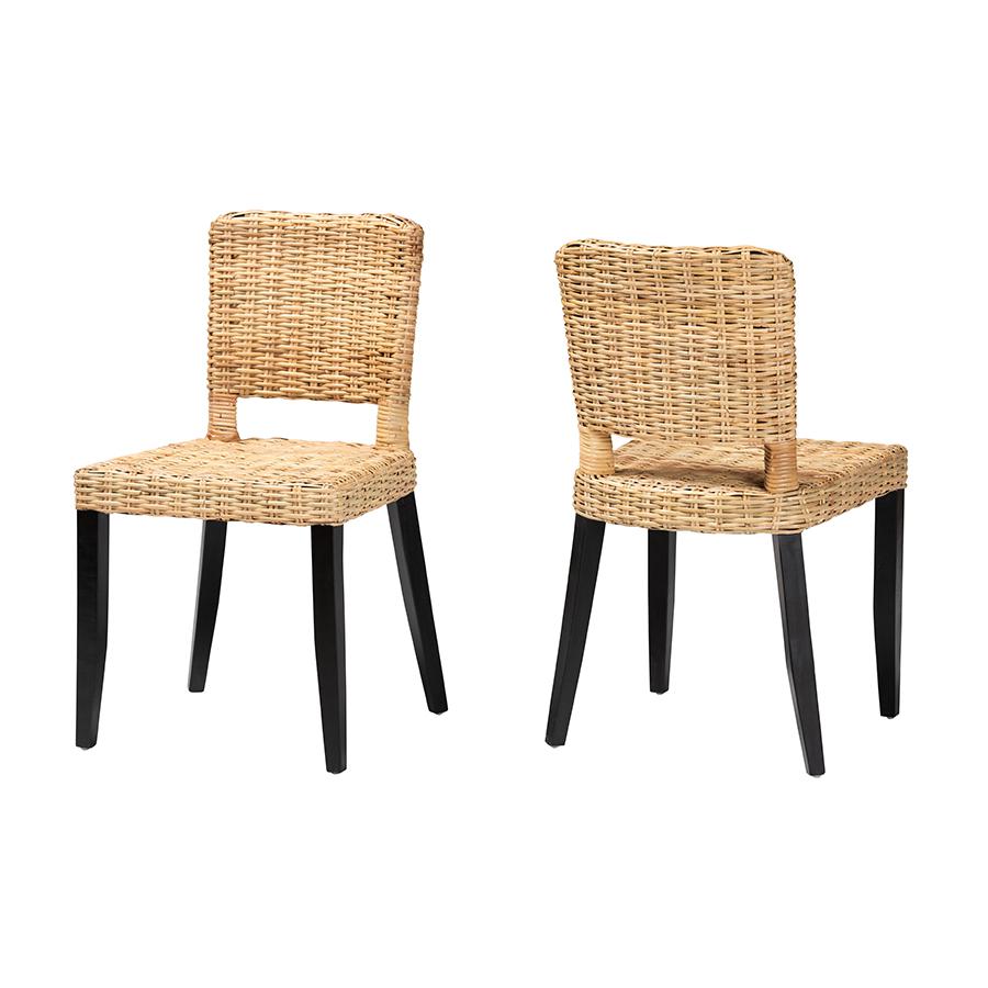 Bohemian Dark Brown Finished Wood and Natural Rattan 2-Piece Dining Chair Set. Picture 1