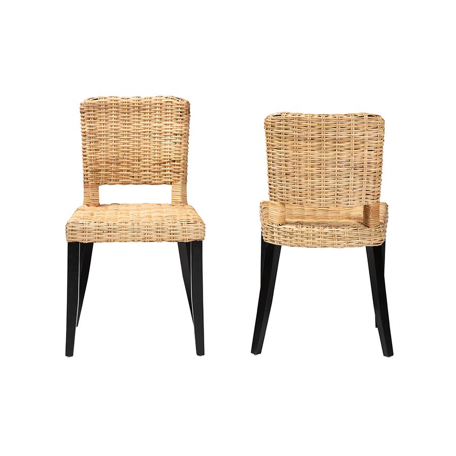 Bohemian Dark Brown Finished Wood and Natural Rattan 2-Piece Dining Chair Set. Picture 2