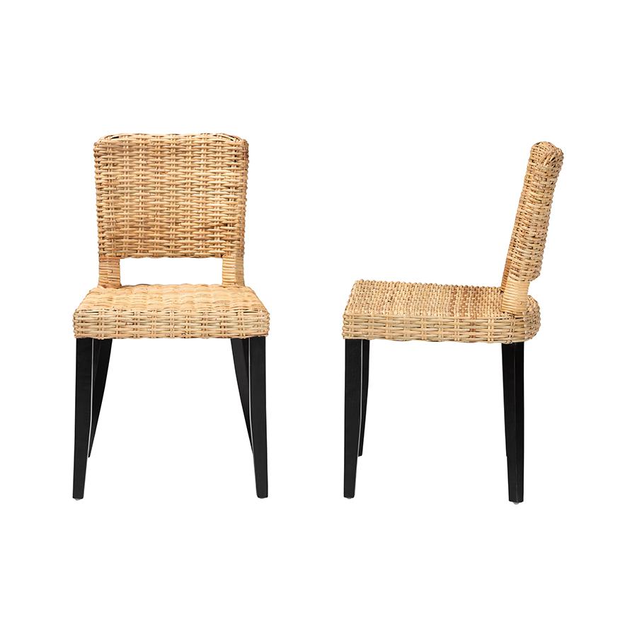 Bohemian Dark Brown Finished Wood and Natural Rattan 2-Piece Dining Chair Set. Picture 3