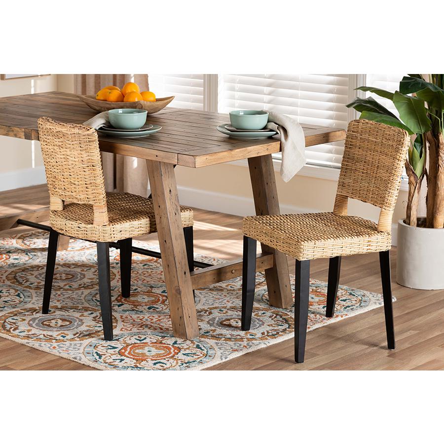 Bohemian Dark Brown Finished Wood and Natural Rattan 2-Piece Dining Chair Set. Picture 7
