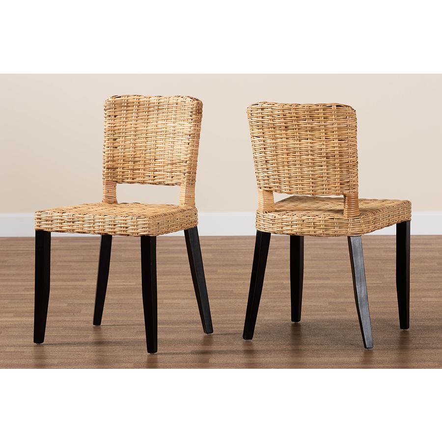 Bohemian Dark Brown Finished Wood and Natural Rattan 2-Piece Dining Chair Set. Picture 8