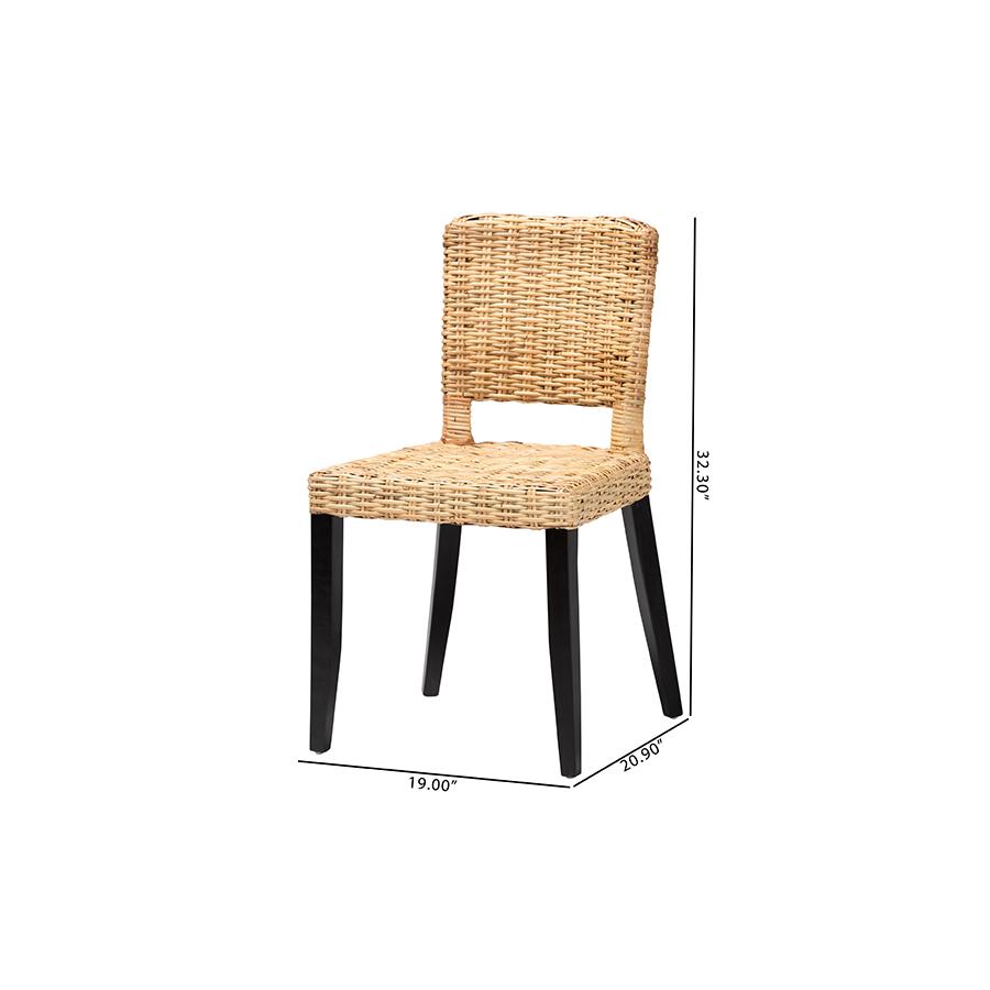 Bohemian Dark Brown Finished Wood and Natural Rattan 2-Piece Dining Chair Set. Picture 9