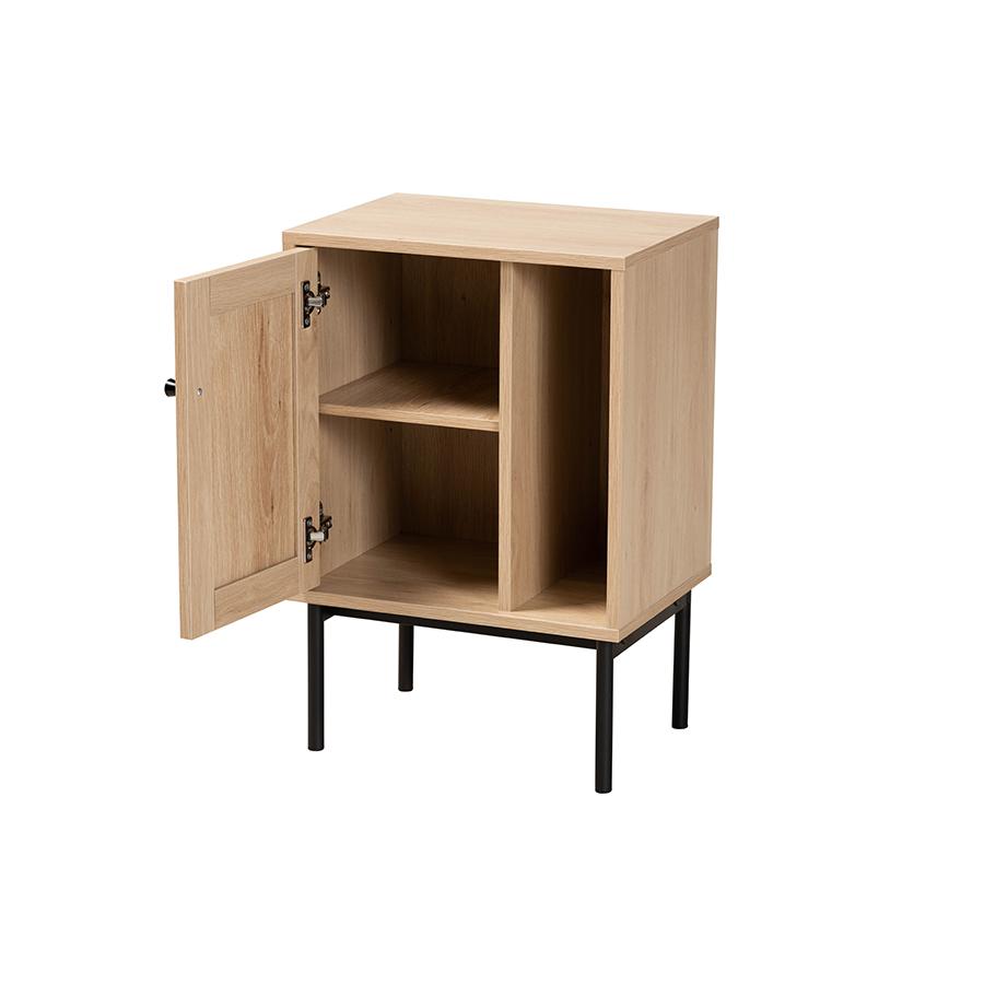 Light Brown and Black 1-Door Cabinet with Woven Rattan Accent. Picture 2