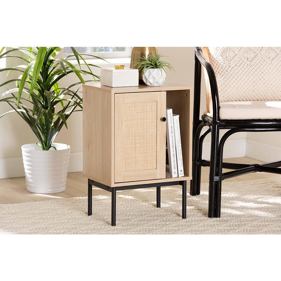 Light Brown and Black 1-Door Cabinet with Woven Rattan Accent. Picture 8