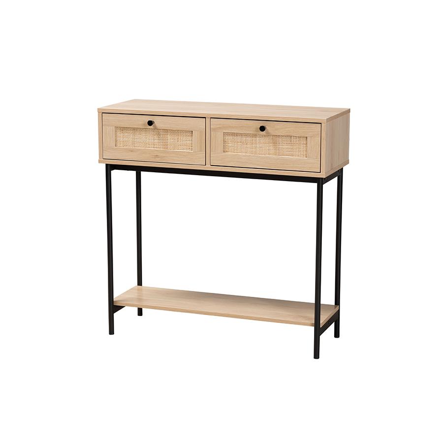 Light Brown  and Black 2-Drawer Console Table with Woven Rattan Accent. Picture 1