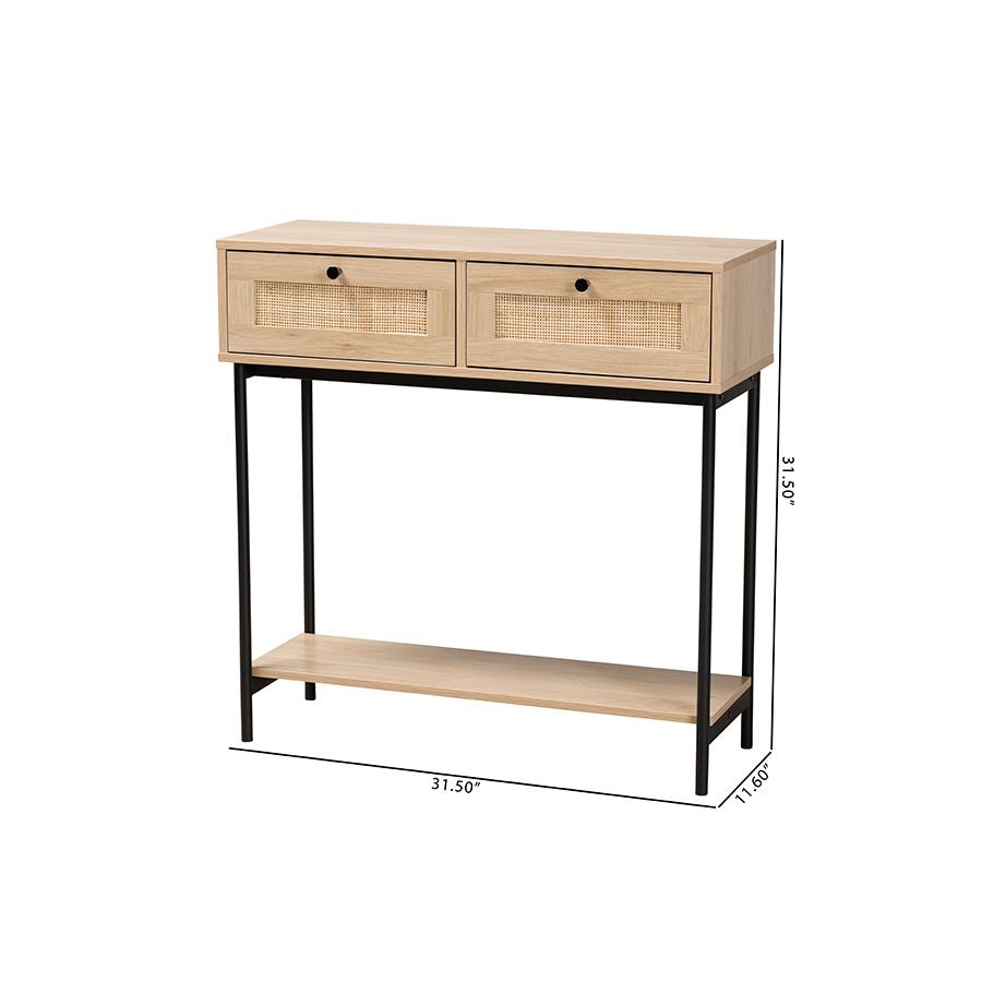 Light Brown  and Black 2-Drawer Console Table with Woven Rattan Accent. Picture 10