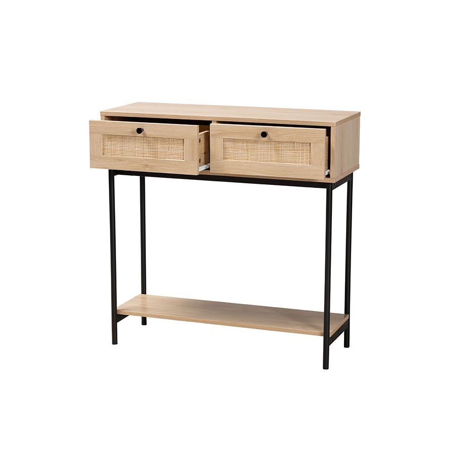 Light Brown  and Black 2-Drawer Console Table with Woven Rattan Accent. Picture 2