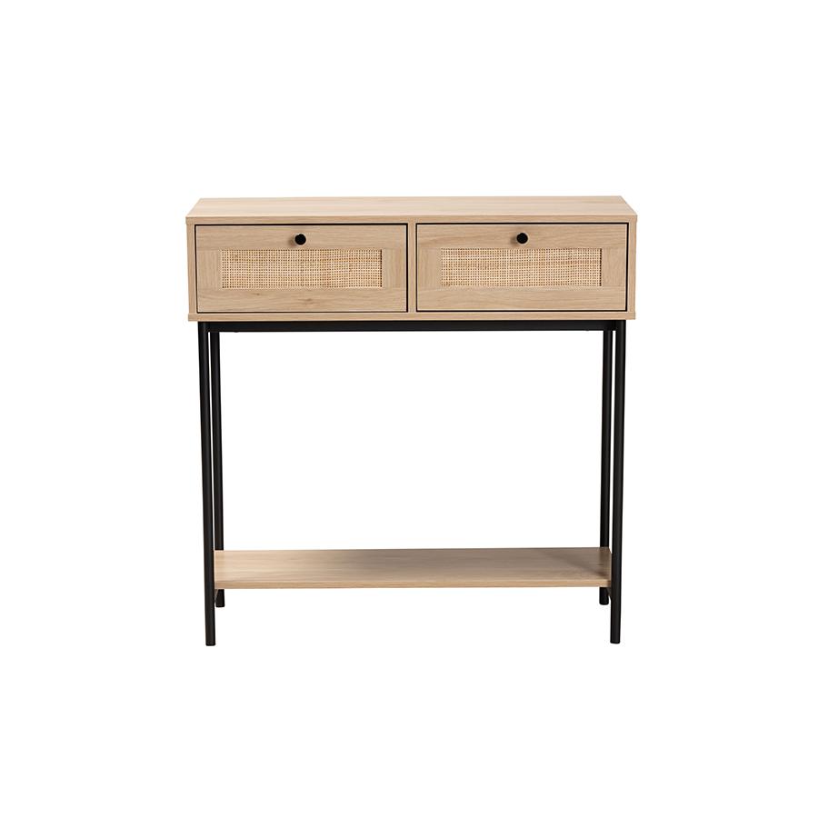 Light Brown  and Black 2-Drawer Console Table with Woven Rattan Accent. Picture 3