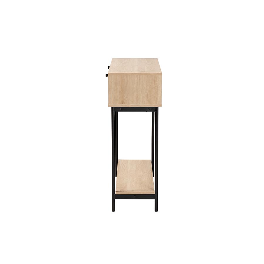 Light Brown  and Black 2-Drawer Console Table with Woven Rattan Accent. Picture 4