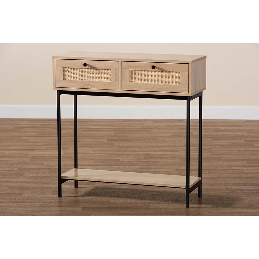 Light Brown  and Black 2-Drawer Console Table with Woven Rattan Accent. Picture 9