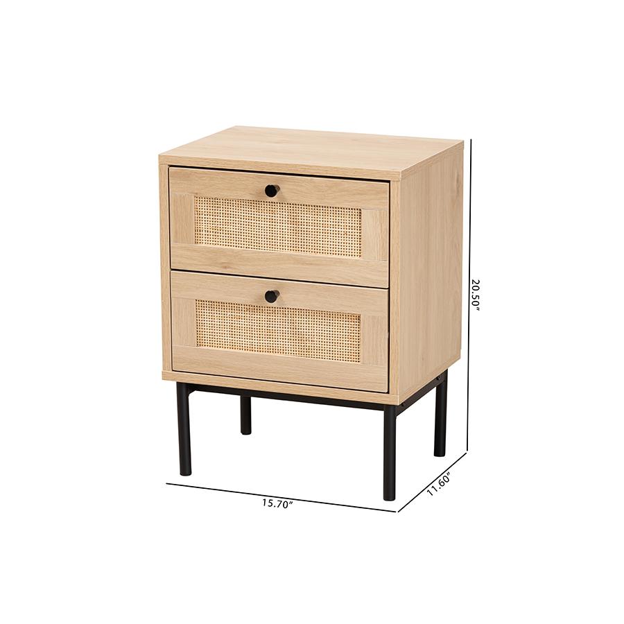 Light Brown and Black 2-Drawer End Table with Woven Rattan Accent. Picture 10