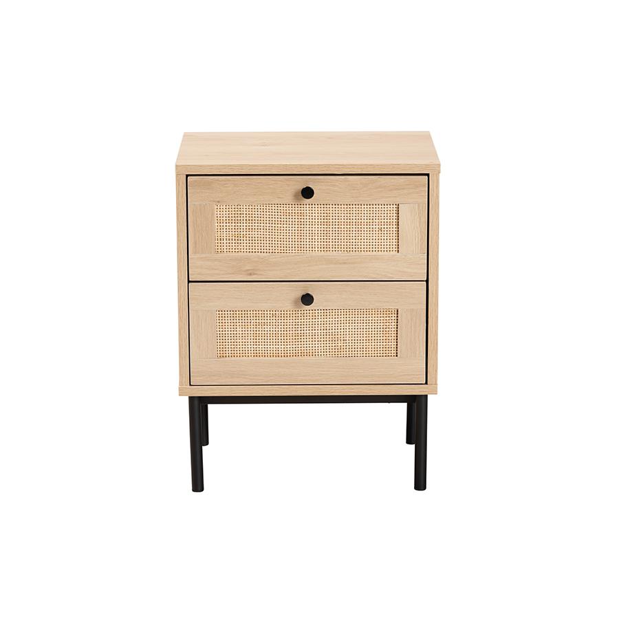 Light Brown and Black 2-Drawer End Table with Woven Rattan Accent. Picture 3