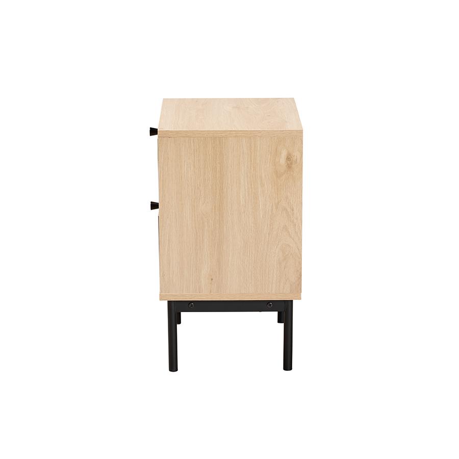Light Brown and Black 2-Drawer End Table with Woven Rattan Accent. Picture 4