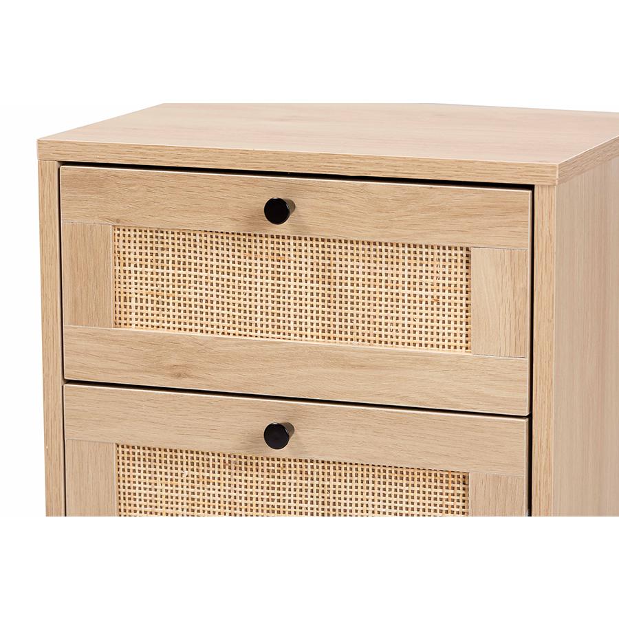 Light Brown and Black 2-Drawer End Table with Woven Rattan Accent. Picture 5