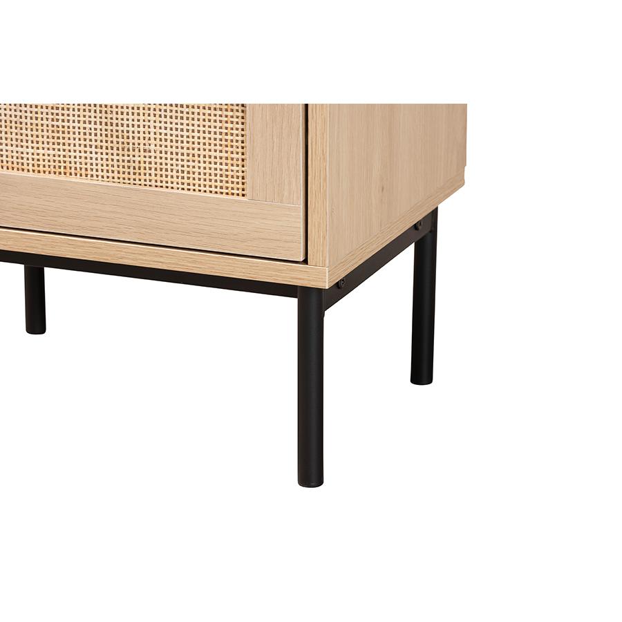 Light Brown and Black 2-Drawer End Table with Woven Rattan Accent. Picture 6