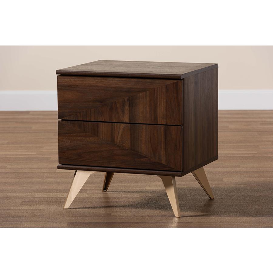 Transitional Walnut Brown Finished Wood 2-Drawer Nightstand. Picture 9
