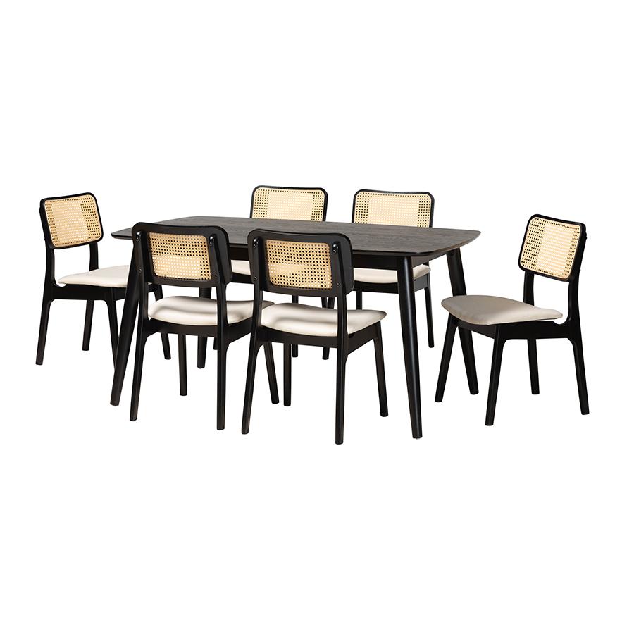 Cream Fabric and Black Finished Wood 7-Piece Dining Set. Picture 1