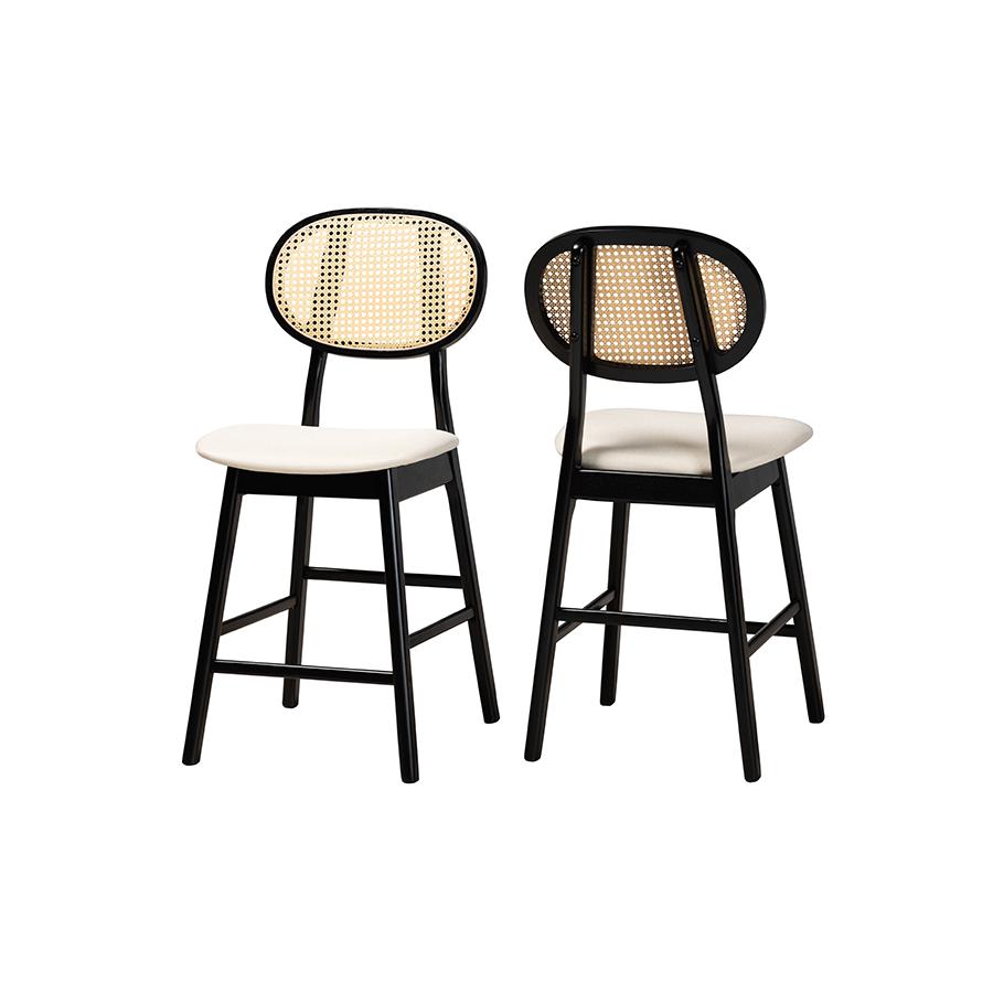 Cream Fabric and Black Finished Wood 2-Piece Counter Stool Set. Picture 1