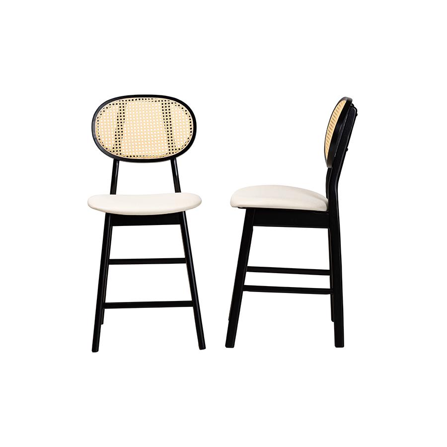 Cream Fabric and Black Finished Wood 2-Piece Counter Stool Set. Picture 3