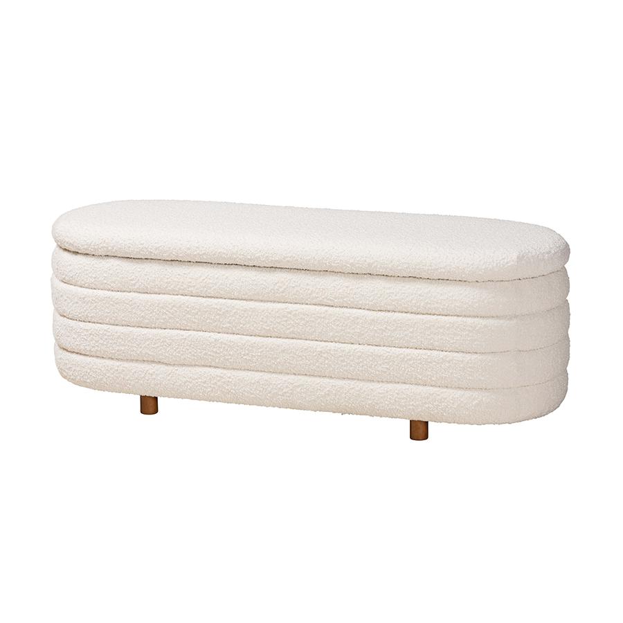 Japandi Cream Boucle Fabric and Walnut Brown Finished Wood Storage Bench. Picture 1