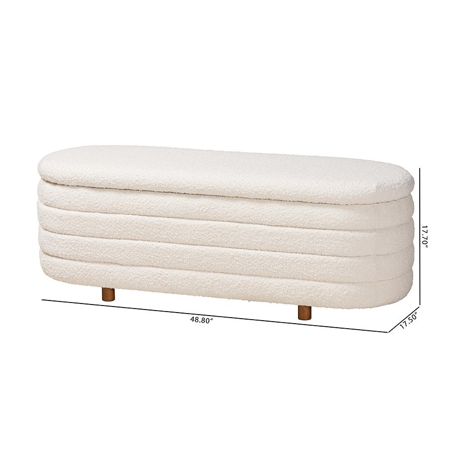 Japandi Cream Boucle Fabric and Walnut Brown Finished Wood Storage Bench. Picture 10