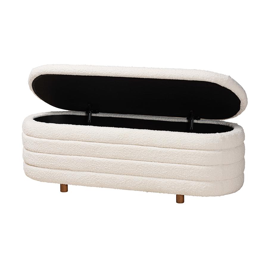 Japandi Cream Boucle Fabric and Walnut Brown Finished Wood Storage Bench. Picture 2