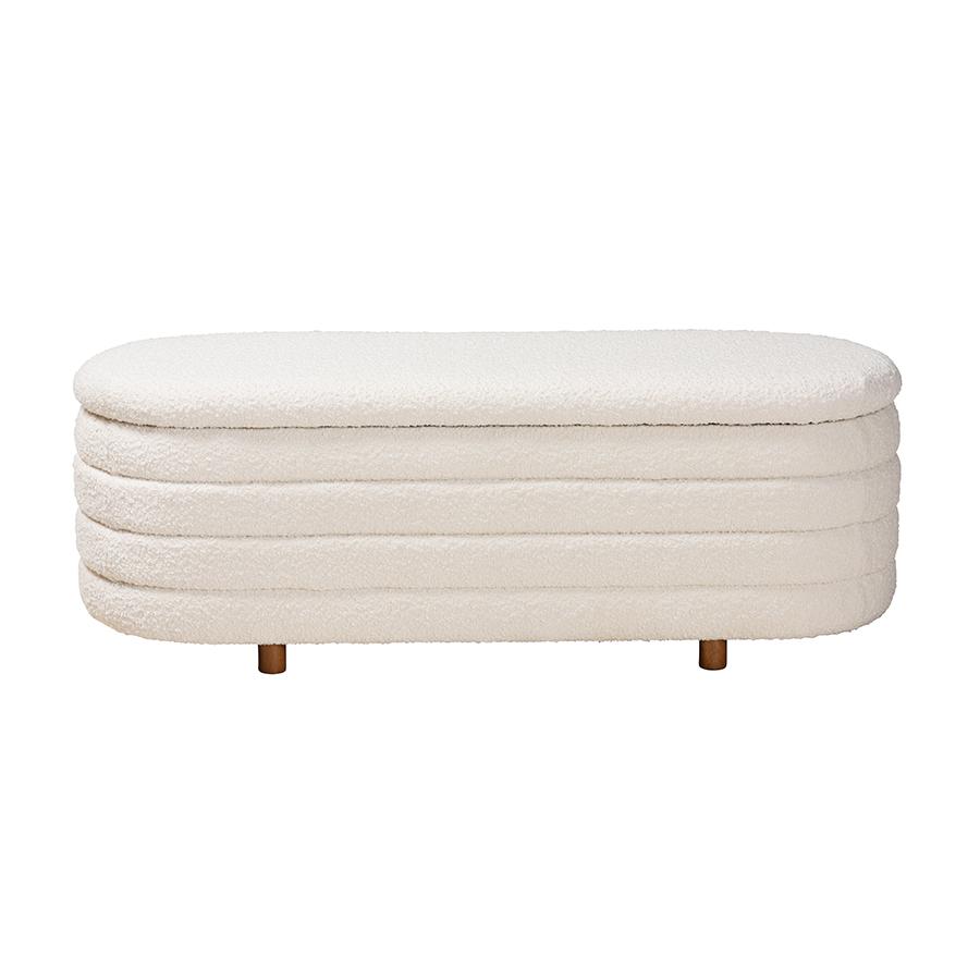 Japandi Cream Boucle Fabric and Walnut Brown Finished Wood Storage Bench. Picture 3