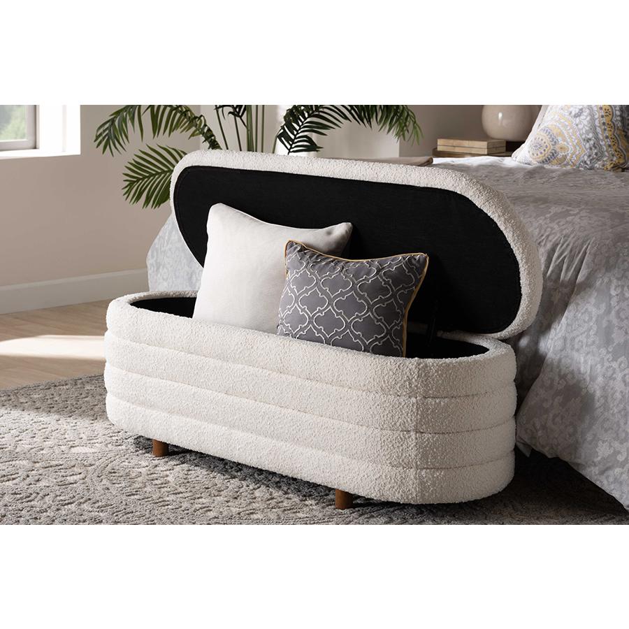 Japandi Cream Boucle Fabric and Walnut Brown Finished Wood Storage Bench. Picture 8