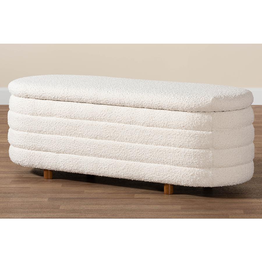 Japandi Cream Boucle Fabric and Walnut Brown Finished Wood Storage Bench. Picture 9