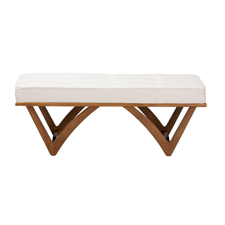 Chenoa Japandi Cream Boucle Fabric and Walnut Brown Finished Wood Bench. Picture 2