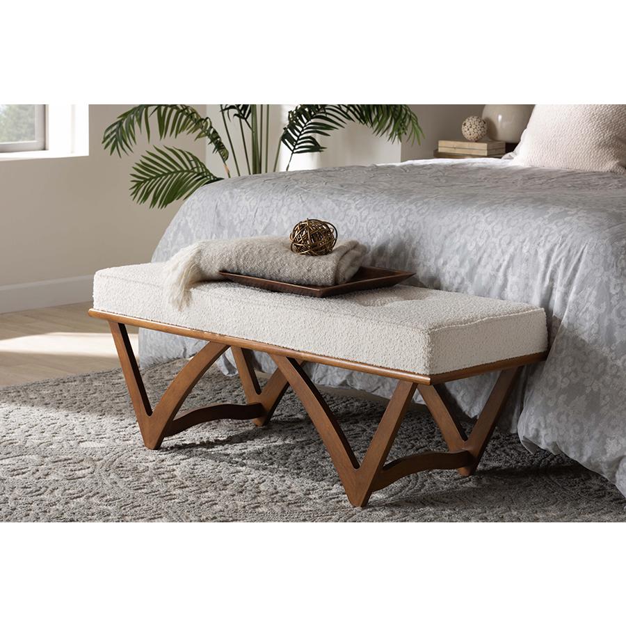 Chenoa Japandi Cream Boucle Fabric and Walnut Brown Finished Wood Bench. Picture 6