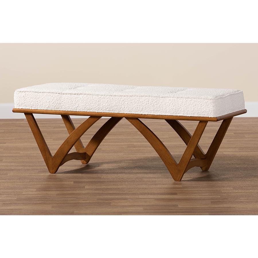 Chenoa Japandi Cream Boucle Fabric and Walnut Brown Finished Wood Bench. Picture 7