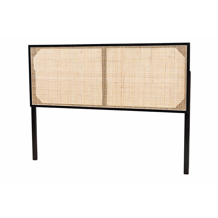 Bohemian Black Finished Bayur Wood and Natural Rattan Queen Size Headboard. Picture 1