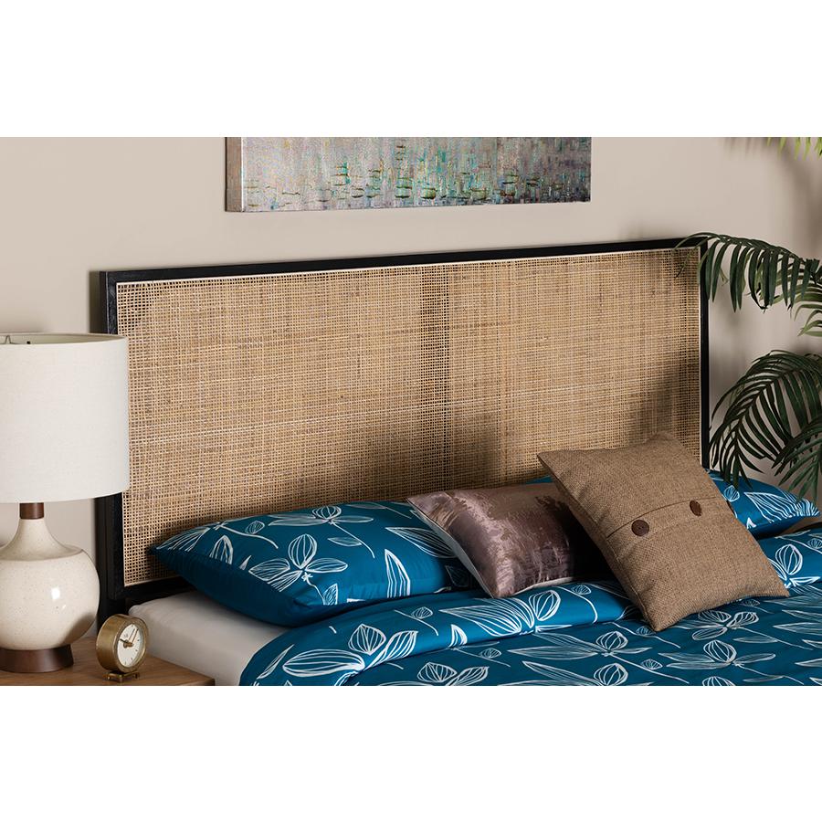 Bohemian Black Finished Bayur Wood and Natural Rattan Queen Size Headboard. Picture 5