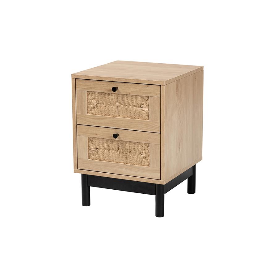 Cherelle Mid-Century Modern Light Brown and Black 2-Drawer End Table. Picture 1