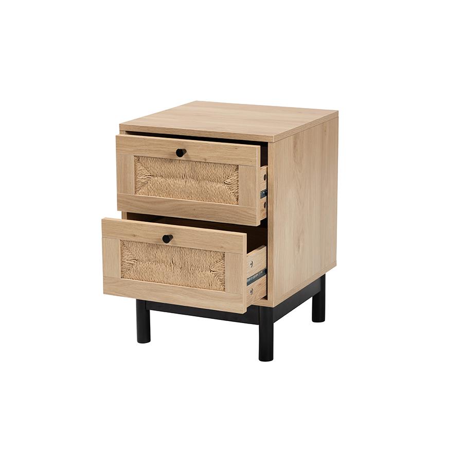 Cherelle Mid-Century Modern Light Brown and Black 2-Drawer End Table. Picture 2