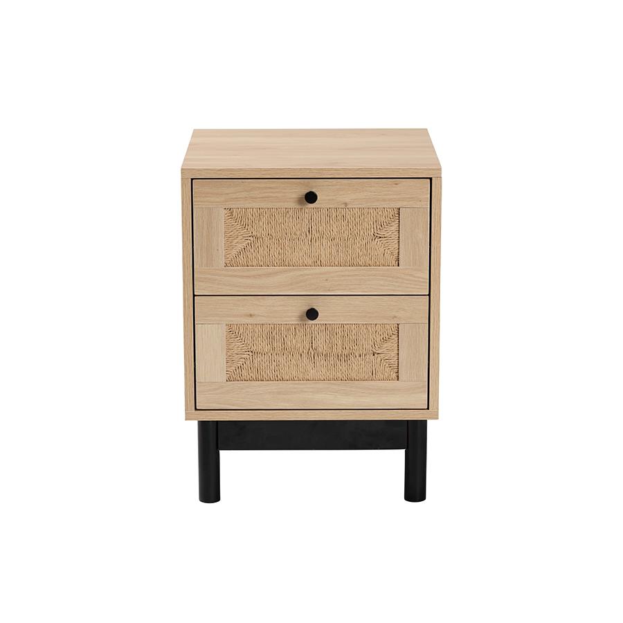 Cherelle Mid-Century Modern Light Brown and Black 2-Drawer End Table. Picture 3