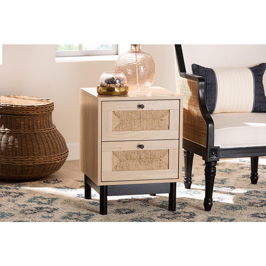 Cherelle Mid-Century Modern Light Brown and Black 2-Drawer End Table. Picture 8