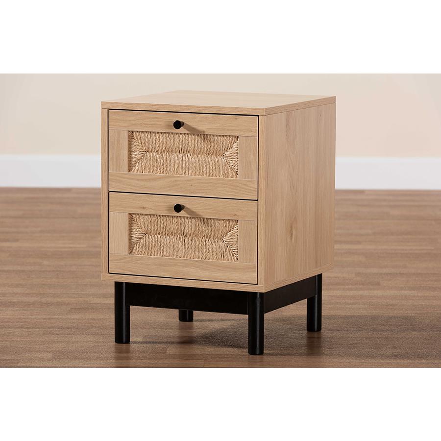 Cherelle Mid-Century Modern Light Brown and Black 2-Drawer End Table. Picture 9