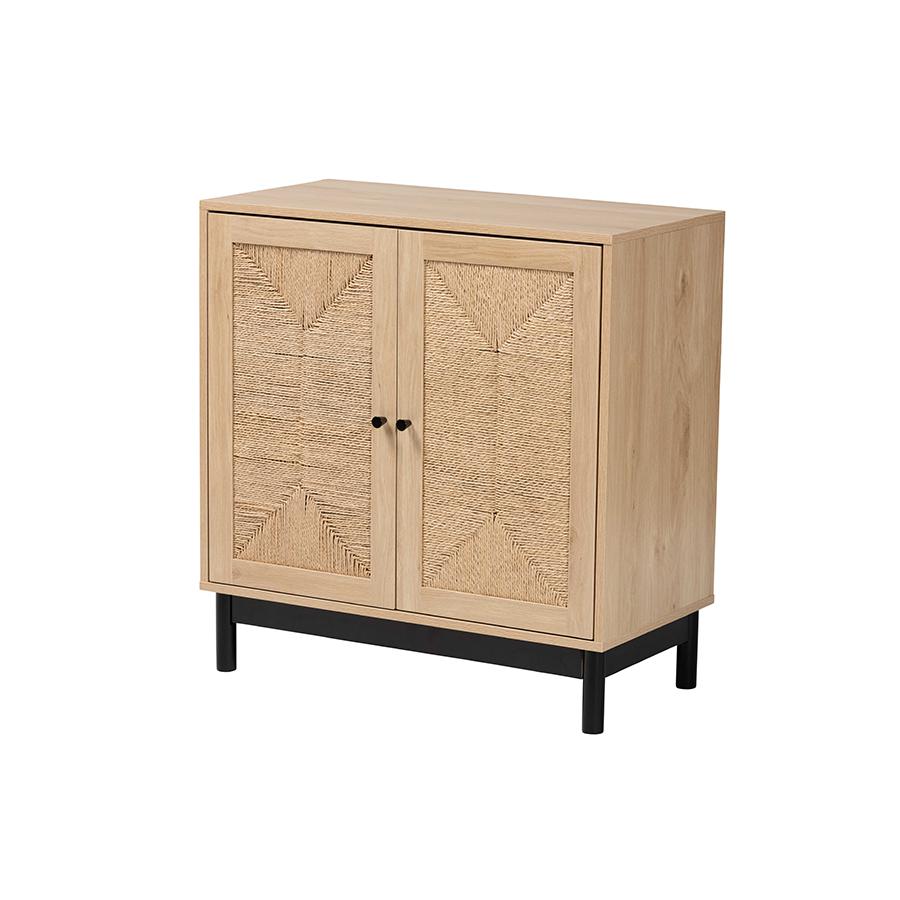 Cherelle Mid-Century Modern Light Brown and Black 2-Door Storage Cabinet. Picture 1