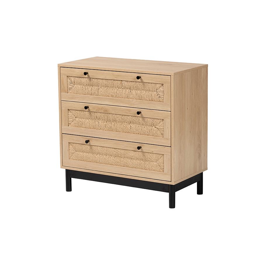 Cherelle Mid-Century Modern Light Brown and Black 3-Drawer Storage Cabinet. Picture 1