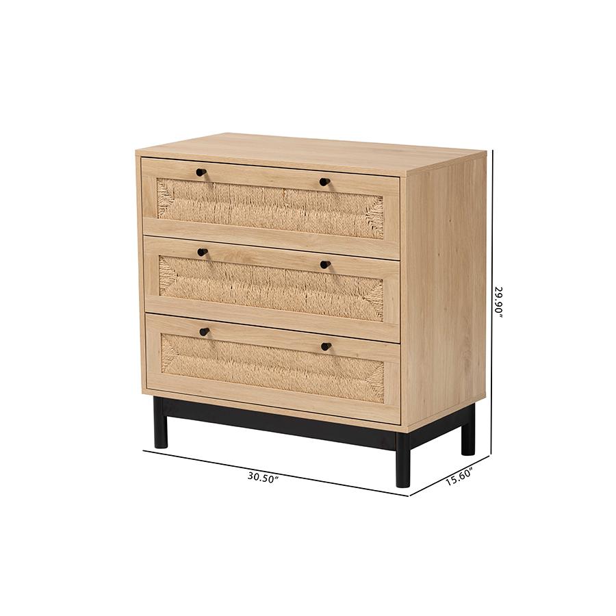 Cherelle Mid-Century Modern Light Brown and Black 3-Drawer Storage Cabinet. Picture 10