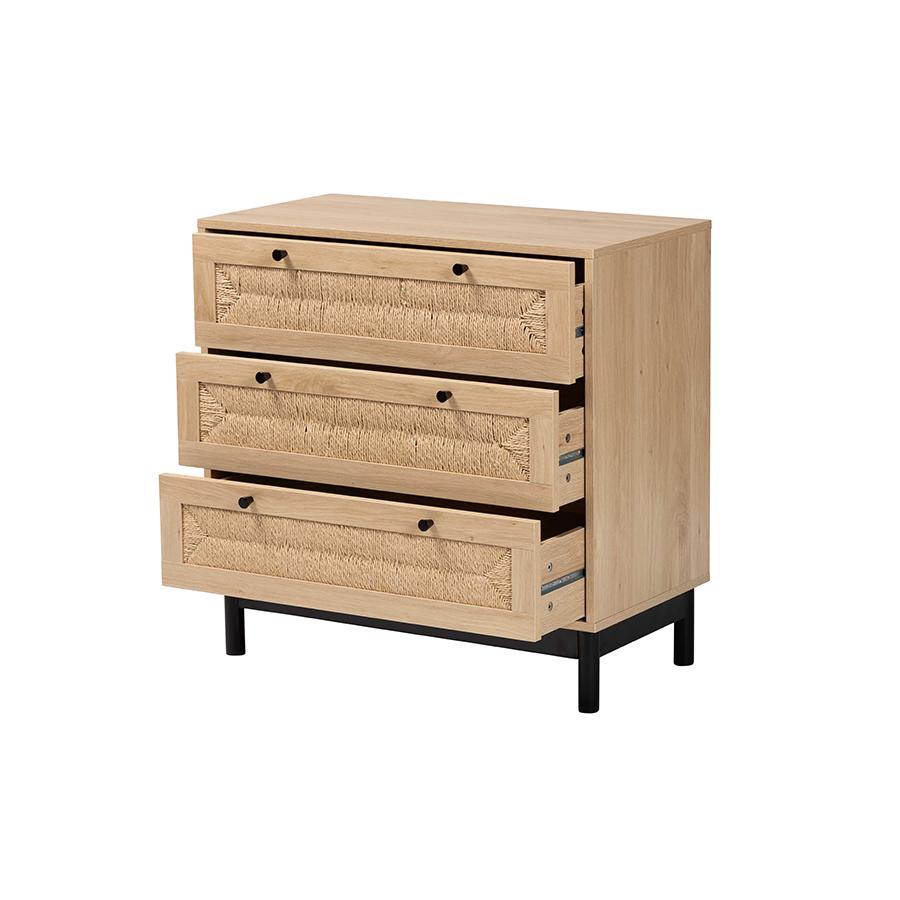 Cherelle Mid-Century Modern Light Brown and Black 3-Drawer Storage Cabinet. Picture 2