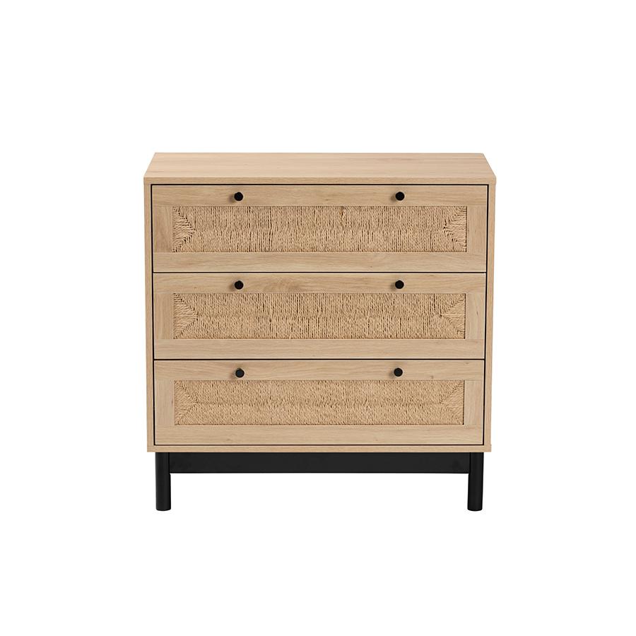 Cherelle Mid-Century Modern Light Brown and Black 3-Drawer Storage Cabinet. Picture 3