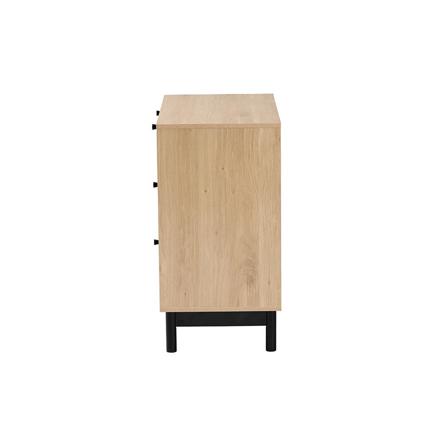 Cherelle Mid-Century Modern Light Brown and Black 3-Drawer Storage Cabinet. Picture 4