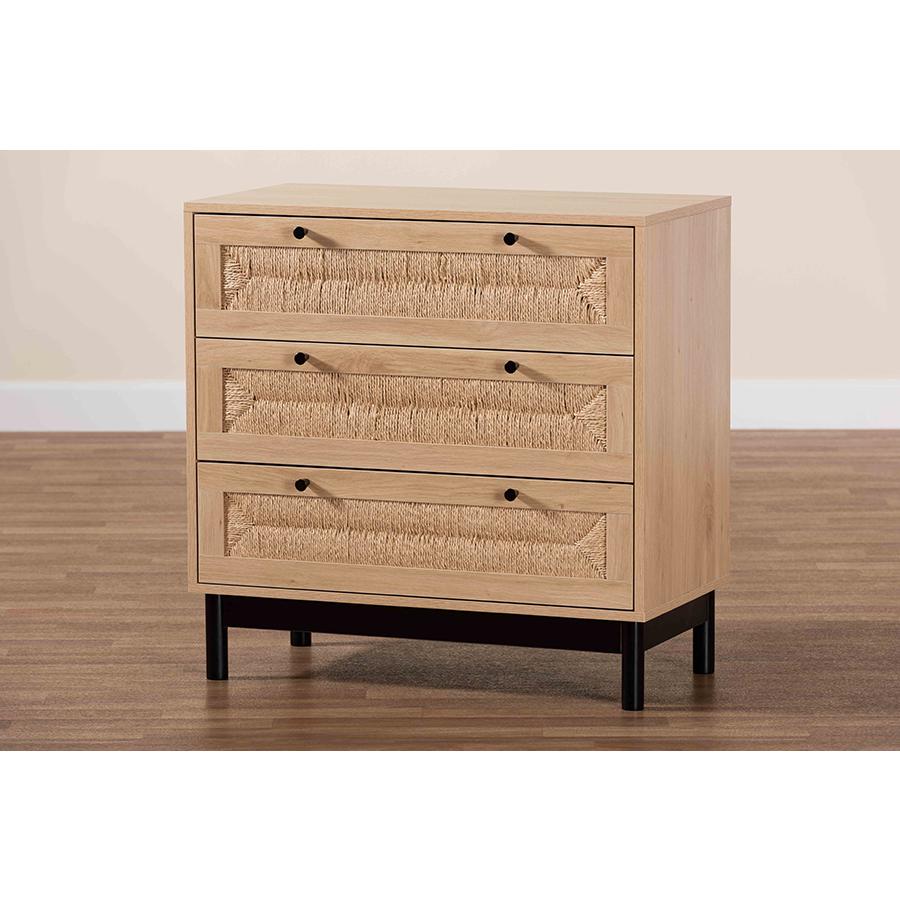 Cherelle Mid-Century Modern Light Brown and Black 3-Drawer Storage Cabinet. Picture 9