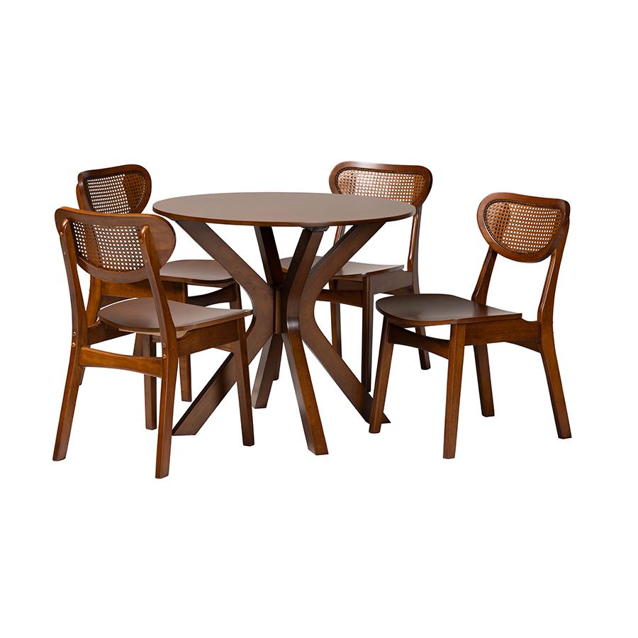 Walnut Brown Finished Wood and Woven Rattan 5-Piece Dining Set. Picture 1
